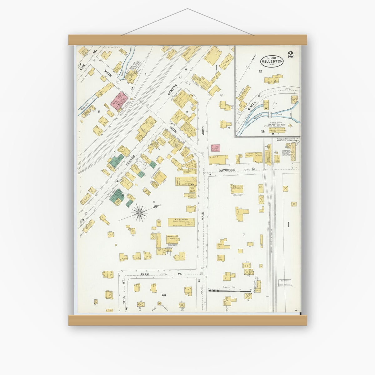 Old map wall art mockup — magnetic wood frame on white wall — Sanborn Fire Insurance Map from Millerton, Dutchess County, New York (1904), Sheet #0002
