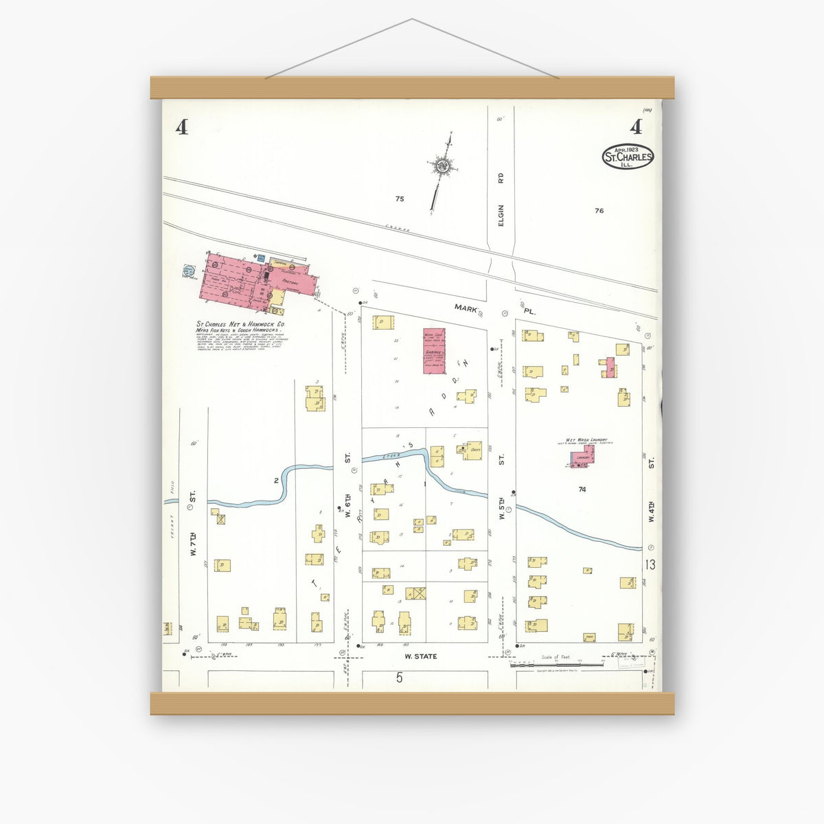 Old map wall art mockup — magnetic wood frame on white wall — Sanborn Fire Insurance Map from Saint Charles, Kane County, Illinois (1923), Sheet #0004