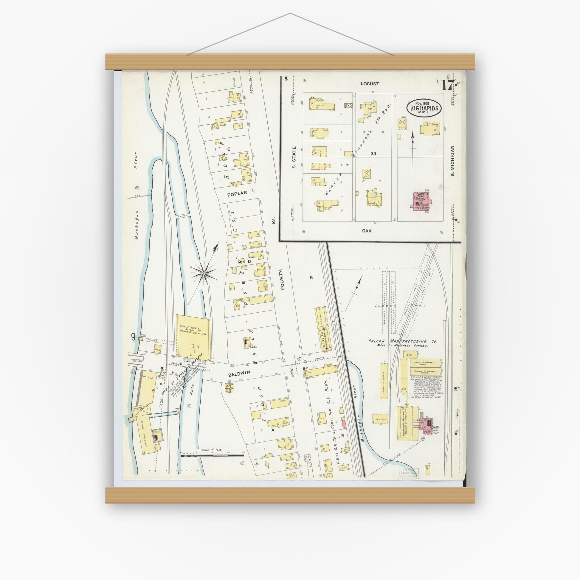 Old map wall art mockup — magnetic wood frame on white wall — Sanborn Fire Insurance Map from Big Rapids, Mecosta County, Michigan (1908), Sheet #0017