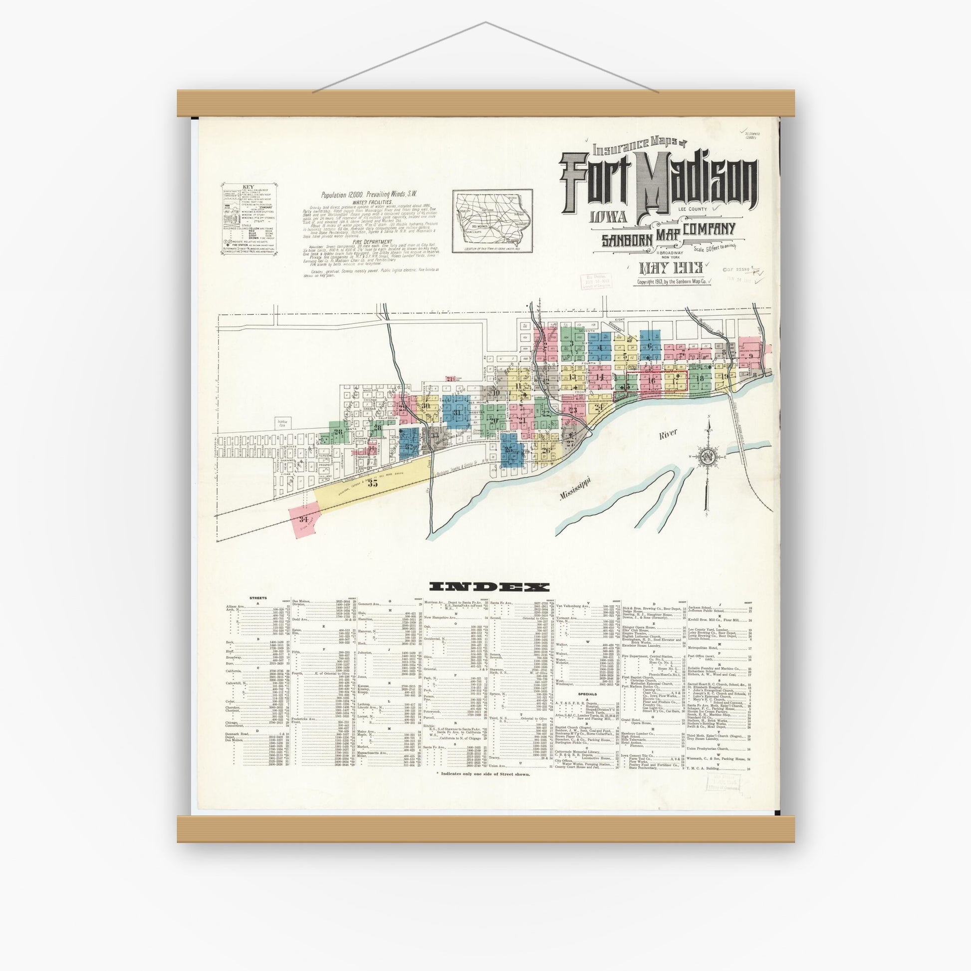 Old map wall art mockup — magnetic wood frame on white wall — Sanborn Fire Insurance Map from Fort Madison, Lee County, Iowa (1913), Sheet #0001