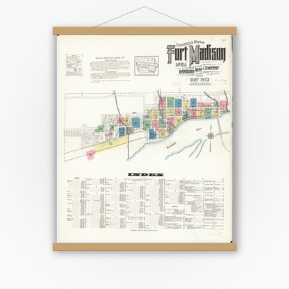 Old map wall art mockup — magnetic wood frame on white wall — Sanborn Fire Insurance Map from Fort Madison, Lee County, Iowa (1913), Sheet #0001