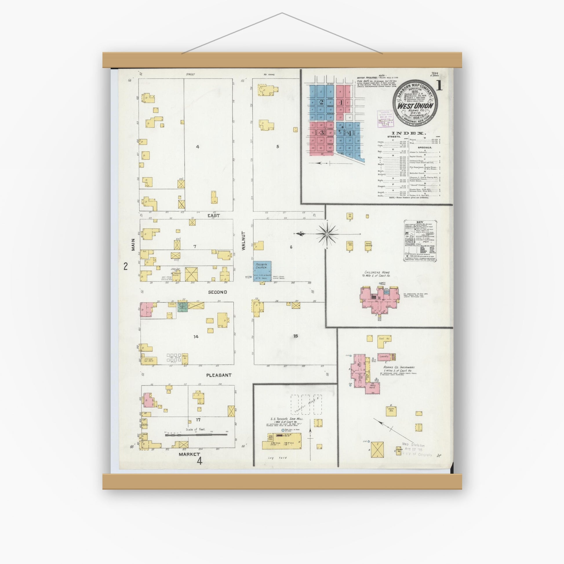 Old map wall art mockup — magnetic wood frame on white wall — Sanborn Fire Insurance Map from West Union, Adams County, Ohio (1904), Sheet #0001