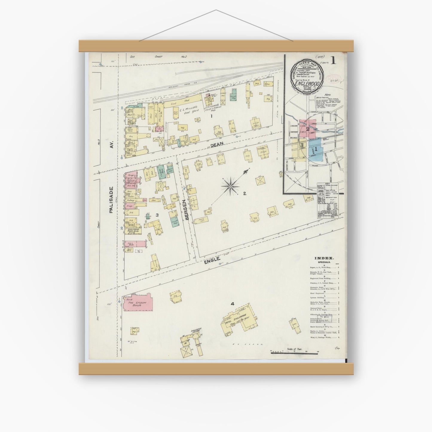 Old map wall art mockup — magnetic wood frame on white wall — Sanborn Fire Insurance Map from Englewood, Bergen County, New Jersey (1890), Sheet #0001