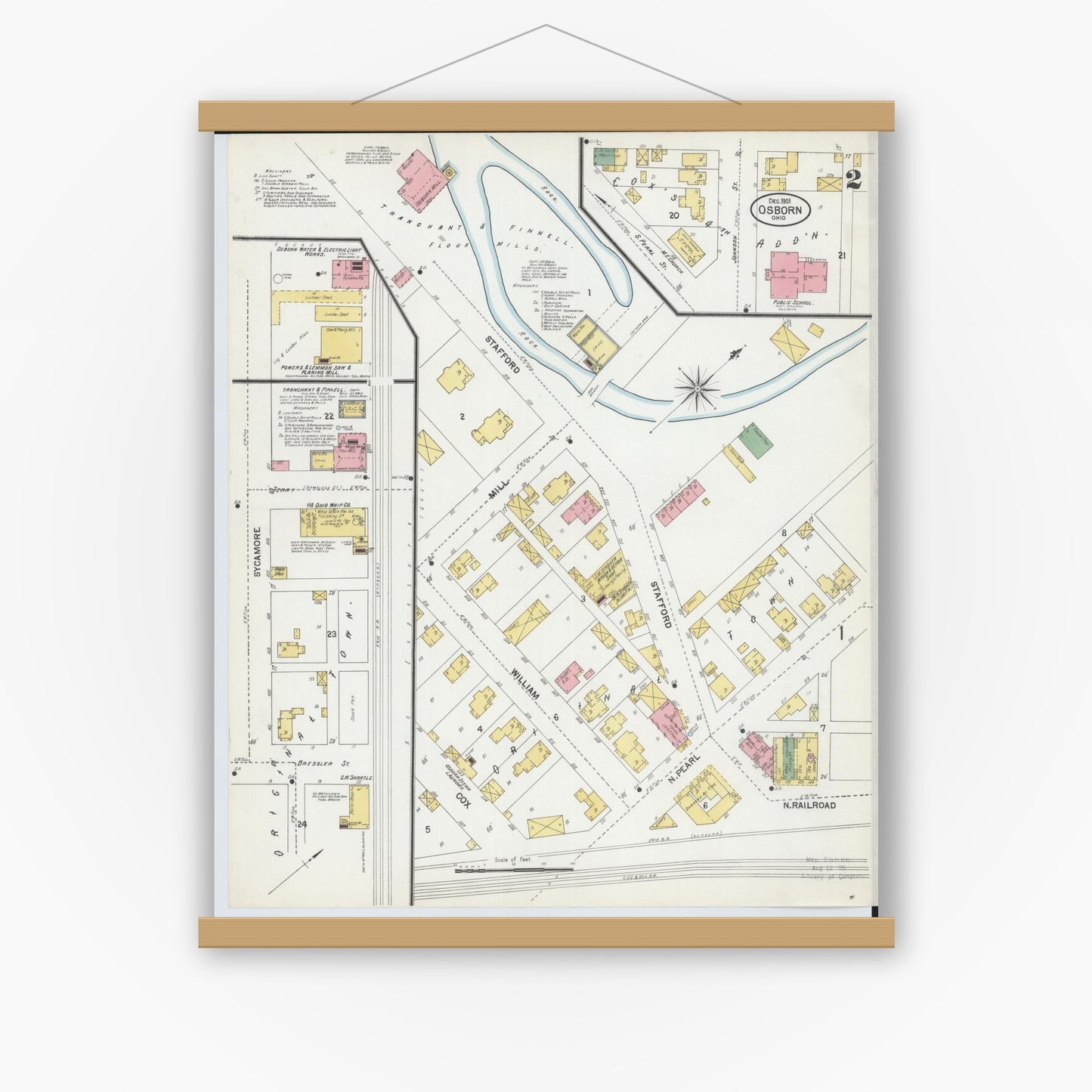 Old map wall art mockup — magnetic wood frame on white wall — Sanborn Fire Insurance Map from Osborn, Greene County, Ohio (1901), Sheet #0002