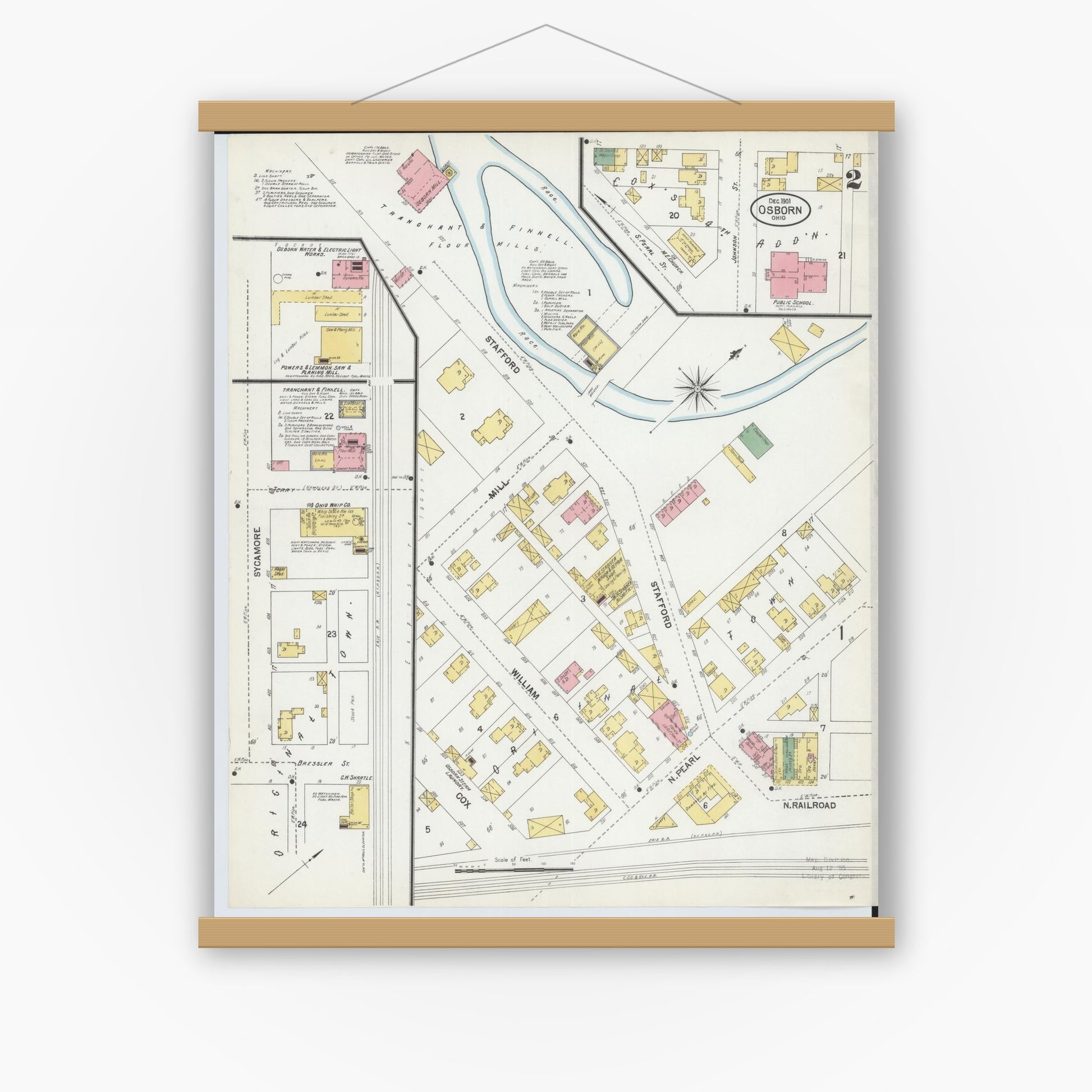 Old map wall art mockup — magnetic wood frame on white wall — Sanborn Fire Insurance Map from Osborn, Greene County, Ohio (1901), Sheet #0002