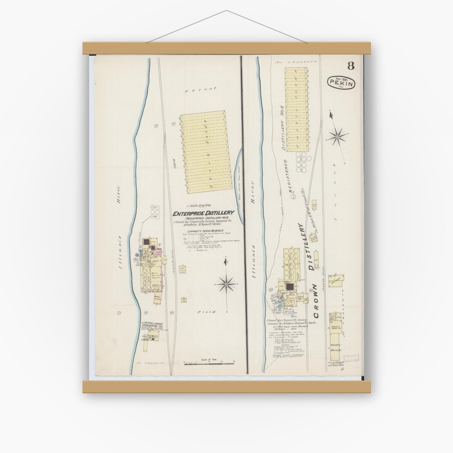 Old map wall art mockup — magnetic wood frame on white wall — Sanborn Fire Insurance Map from Pekin, Tazewell County, Illinois (1885), Sheet #0008
