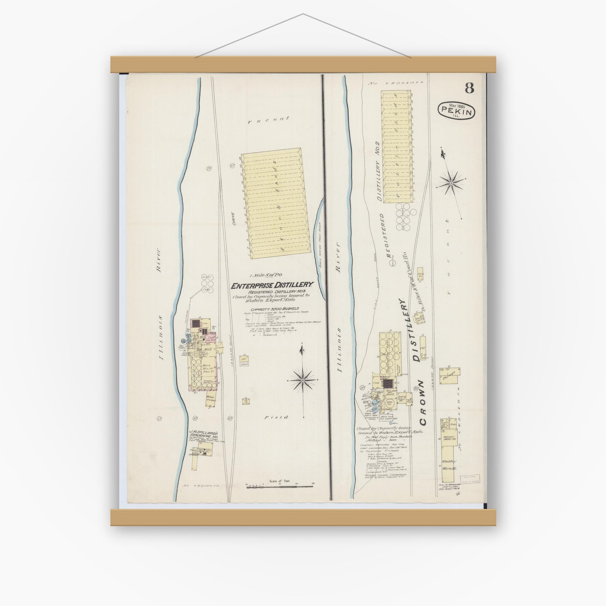 Old map wall art mockup — magnetic wood frame on white wall — Sanborn Fire Insurance Map from Pekin, Tazewell County, Illinois (1885), Sheet #0008