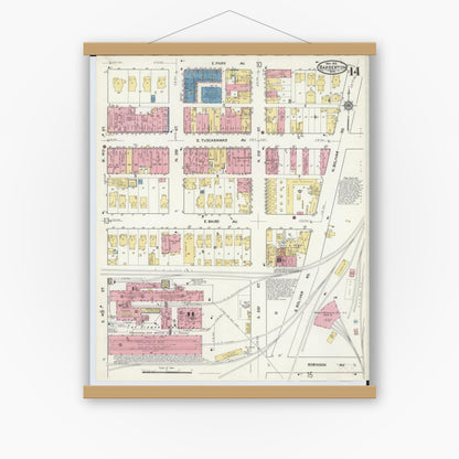 Old map wall art mockup — magnetic wood frame on white wall — Sanborn Fire Insurance Map from Barberton, Summit County, Ohio (1916), Sheet #0014
