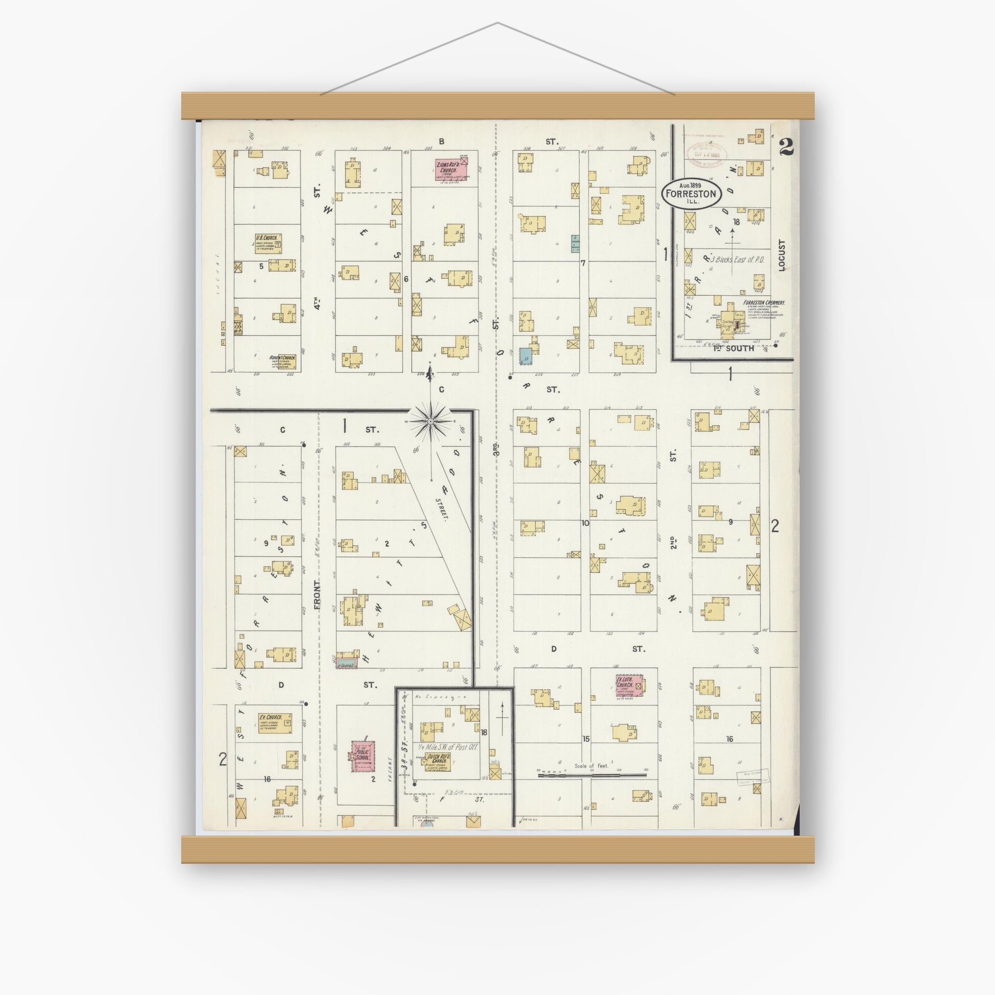 Old map wall art mockup — magnetic wood frame on white wall — Sanborn Fire Insurance Map from Forreston, Ogle County, Illinois (1899), Sheet #0002