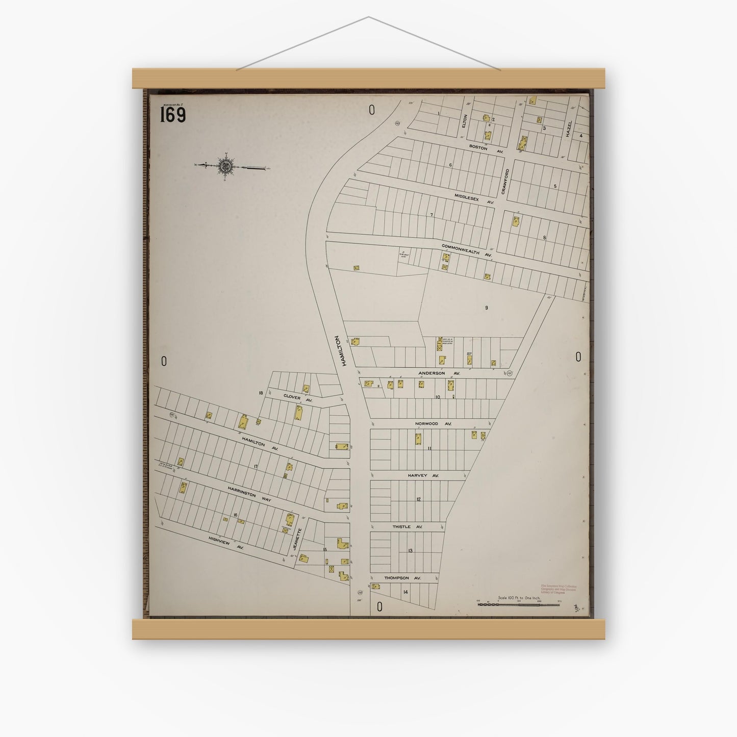 Old map wall art mockup — magnetic wood frame on white wall — Sanborn Fire Insurance Map from Worcester, Worcester County, Massachusetts (1910), Sheet #0169