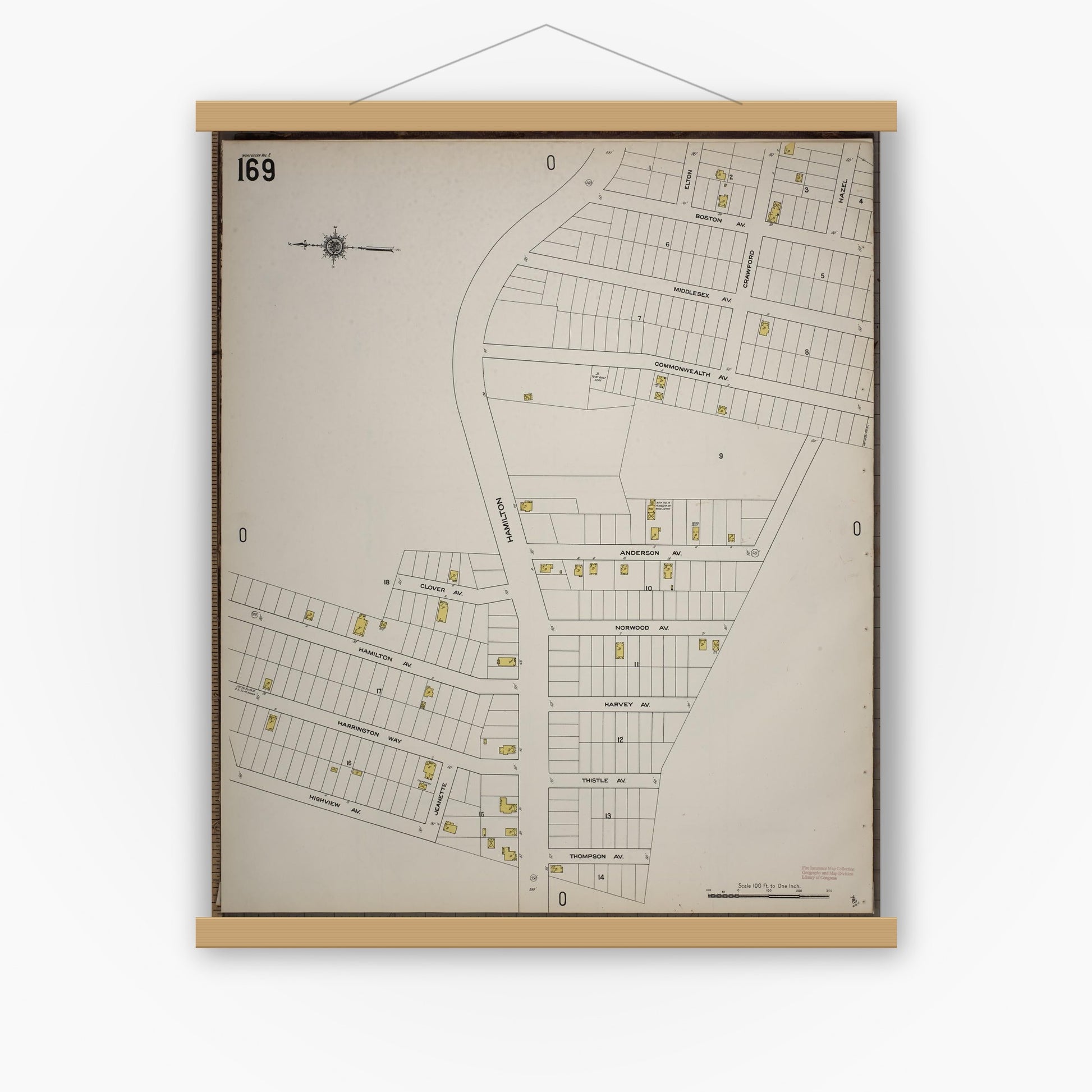 Old map wall art mockup — magnetic wood frame on white wall — Sanborn Fire Insurance Map from Worcester, Worcester County, Massachusetts (1910), Sheet #0169