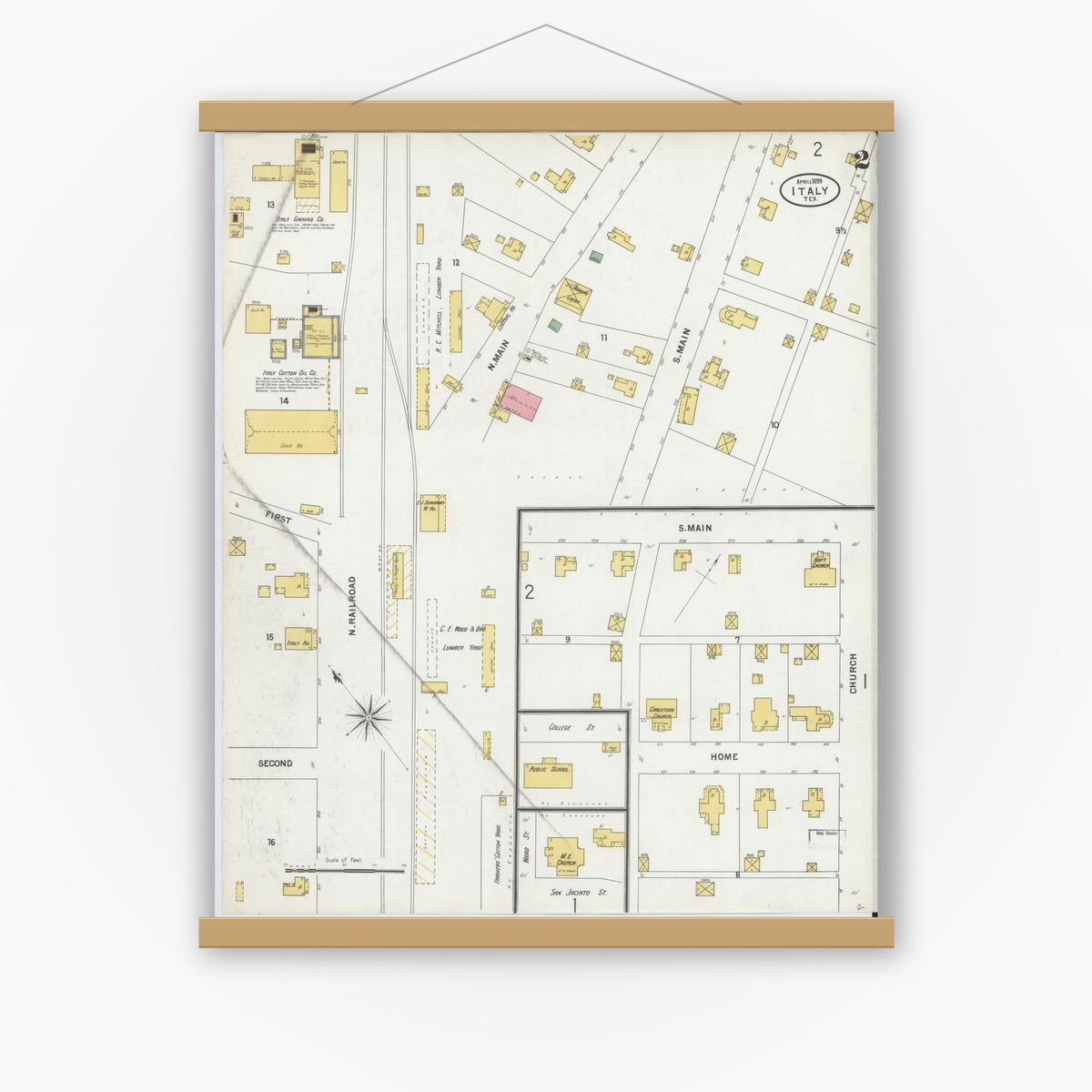 Old map wall art mockup — magnetic wood frame on white wall — Sanborn Fire Insurance Map from Italy, Ellis County, Texas (1899), Sheet #0002