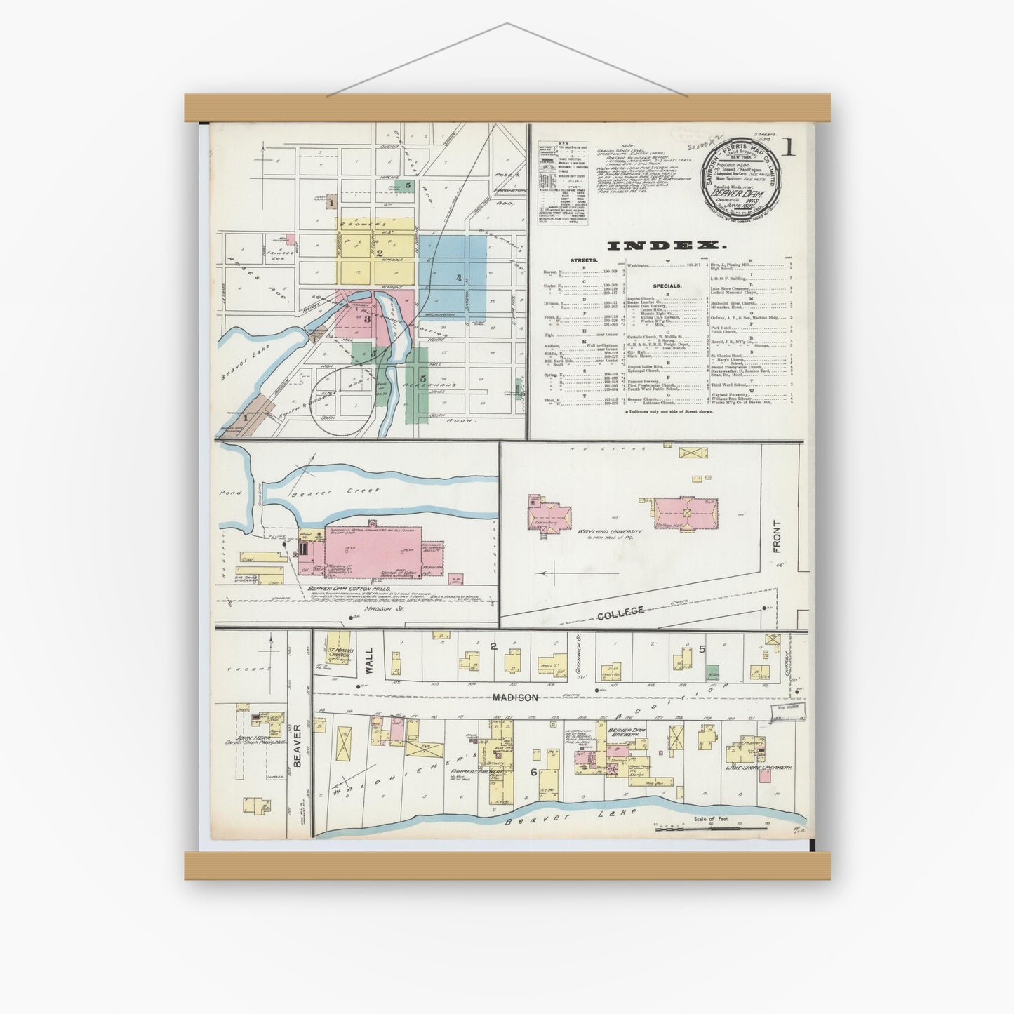 Old map wall art mockup — magnetic wood frame on white wall — Sanborn Fire Insurance Map from Beaver Dam, Dodge County, Wisconsin (1892) - Complete Map Set