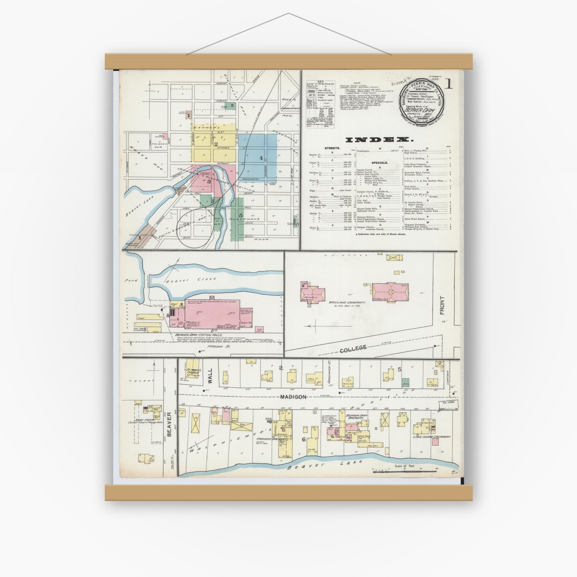 Old map wall art mockup — magnetic wood frame on white wall — Sanborn Fire Insurance Map from Beaver Dam, Dodge County, Wisconsin (1892) - Complete Map Set
