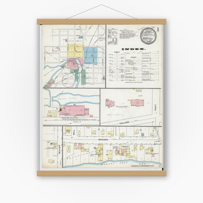 Old map wall art mockup — magnetic wood frame on white wall — Sanborn Fire Insurance Map from Beaver Dam, Dodge County, Wisconsin (1892) - Complete Map Set