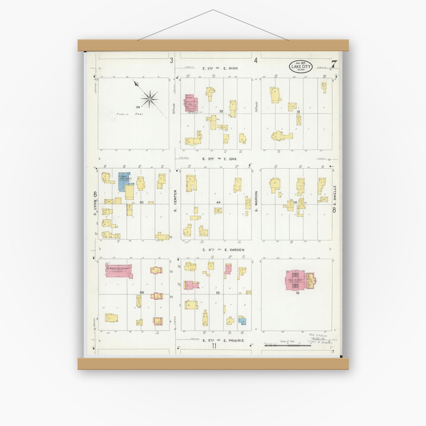 Old map wall art mockup — magnetic wood frame on white wall — Sanborn Fire Insurance Map from Lake City, Wabasha County, Minnesota (1909), Sheet #0007