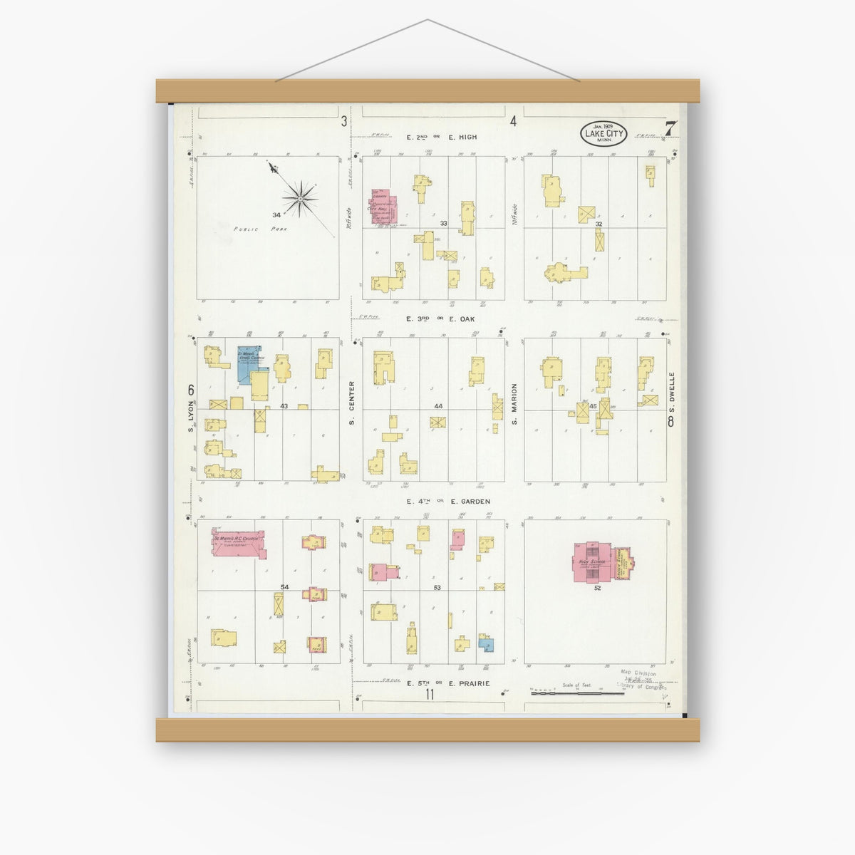 Old map wall art mockup — magnetic wood frame on white wall — Sanborn Fire Insurance Map from Lake City, Wabasha County, Minnesota (1909), Sheet #0007