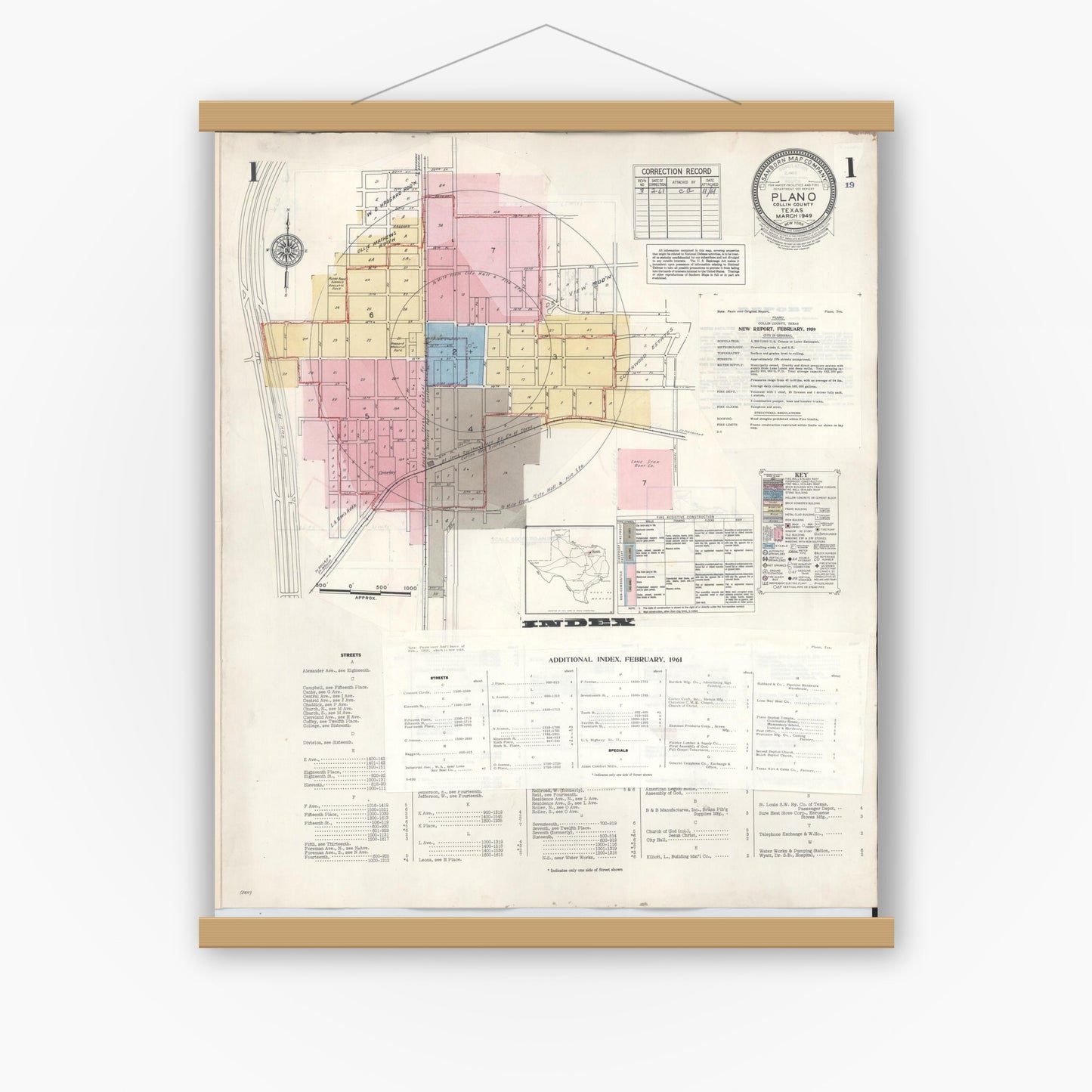 Old map wall art mockup — magnetic wood frame on white wall — Sanborn Fire Insurance Map from Plano, Collin County, Texas (1961), Sheet #0001