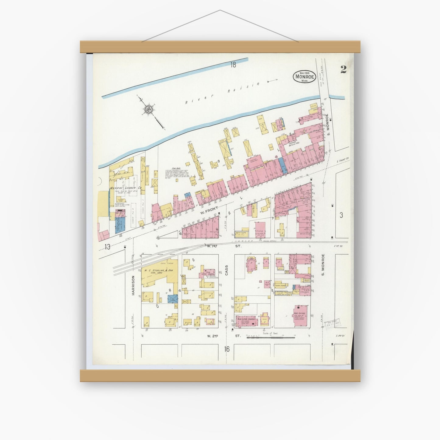 Old map wall art mockup — magnetic wood frame on white wall — Sanborn Fire Insurance Map from Monroe, Monroe County, Michigan (1916), Sheet #0002