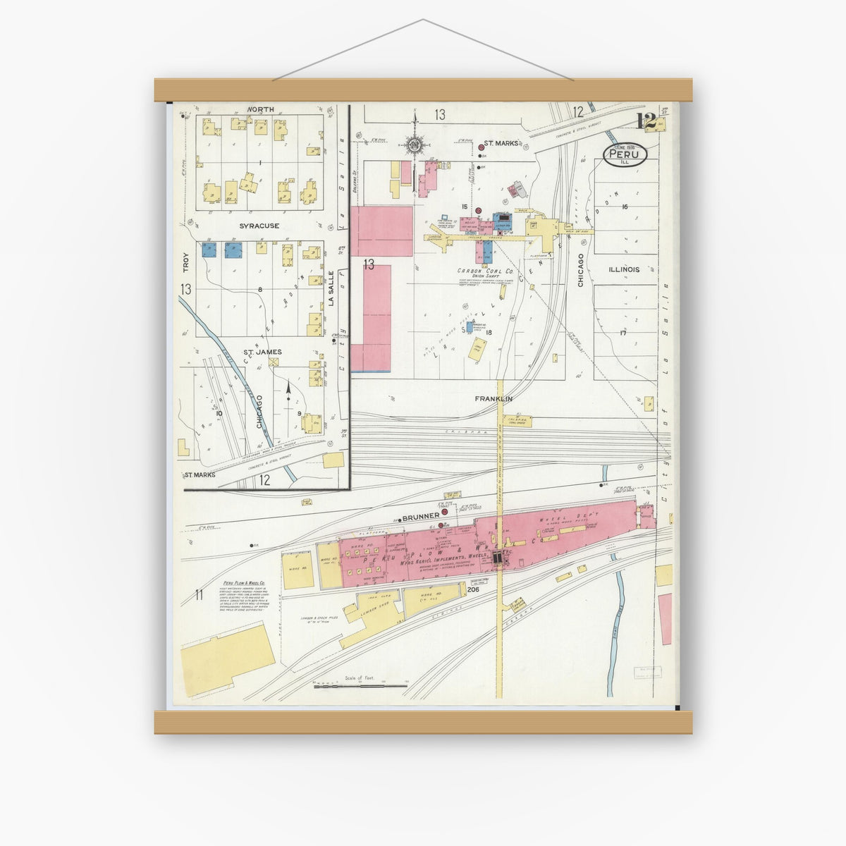 Old map wall art mockup — magnetic wood frame on white wall — Sanborn Fire Insurance Map from Peru, La Salle County, Illinois (1916), Sheet #0012