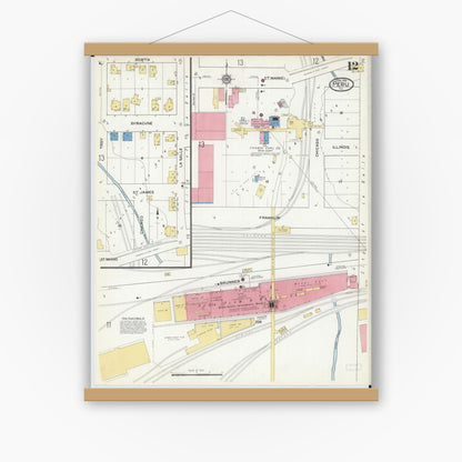 Old map wall art mockup — magnetic wood frame on white wall — Sanborn Fire Insurance Map from Peru, La Salle County, Illinois (1916), Sheet #0012