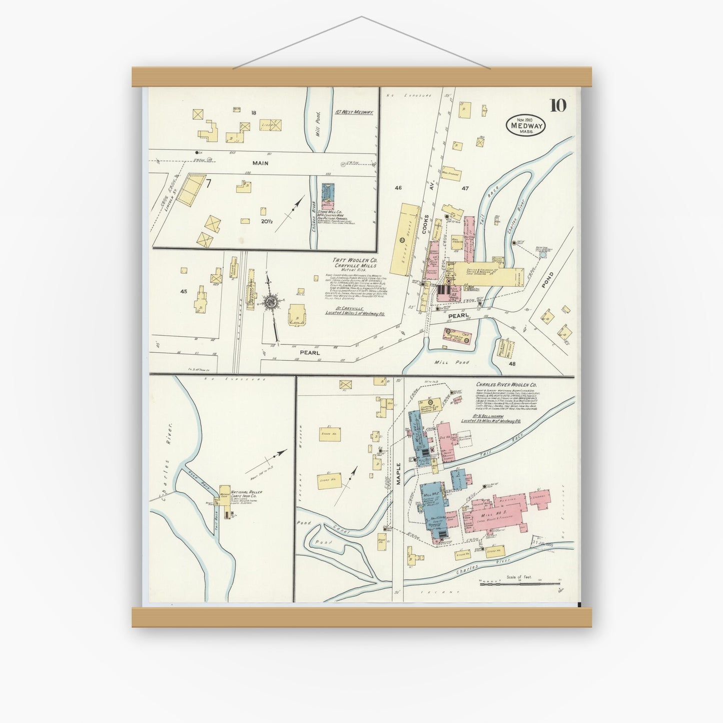 Old map wall art mockup — magnetic wood frame on white wall — Sanborn Fire Insurance Map from Medway, Norfolk County, Massachusetts (1910), Sheet #0010