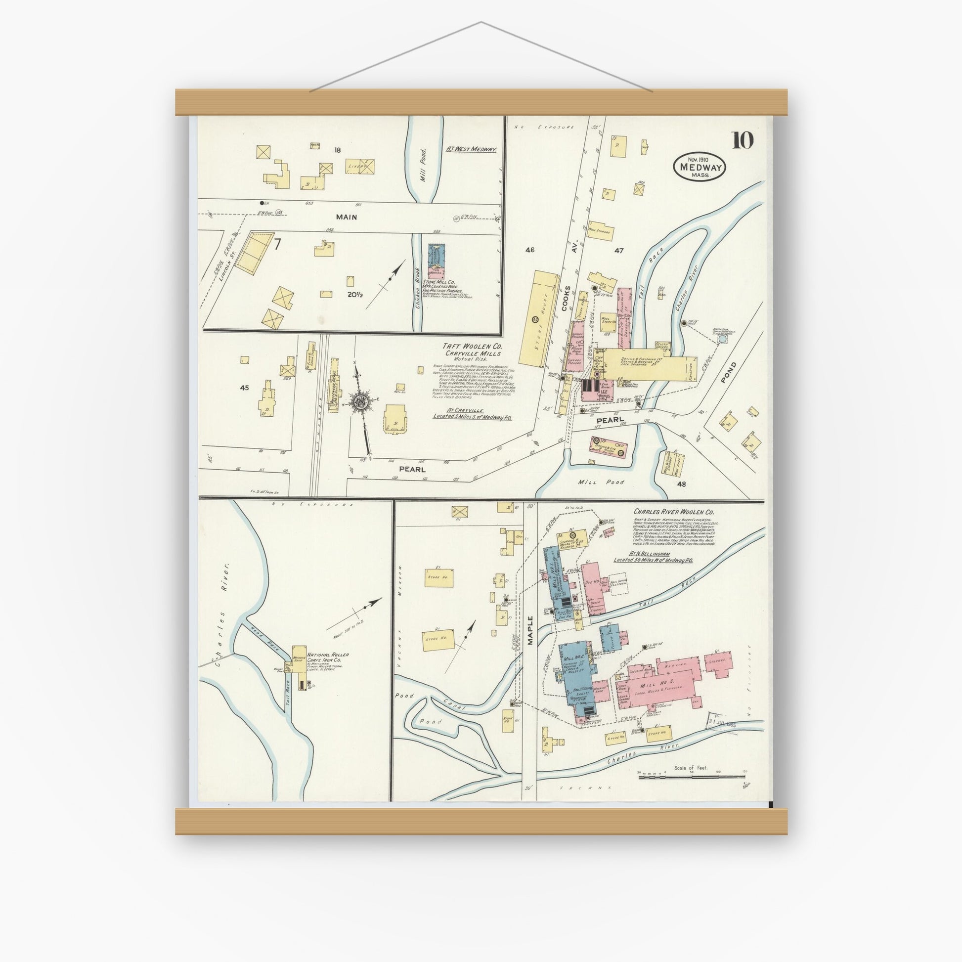 Old map wall art mockup — magnetic wood frame on white wall — Sanborn Fire Insurance Map from Medway, Norfolk County, Massachusetts (1910), Sheet #0010