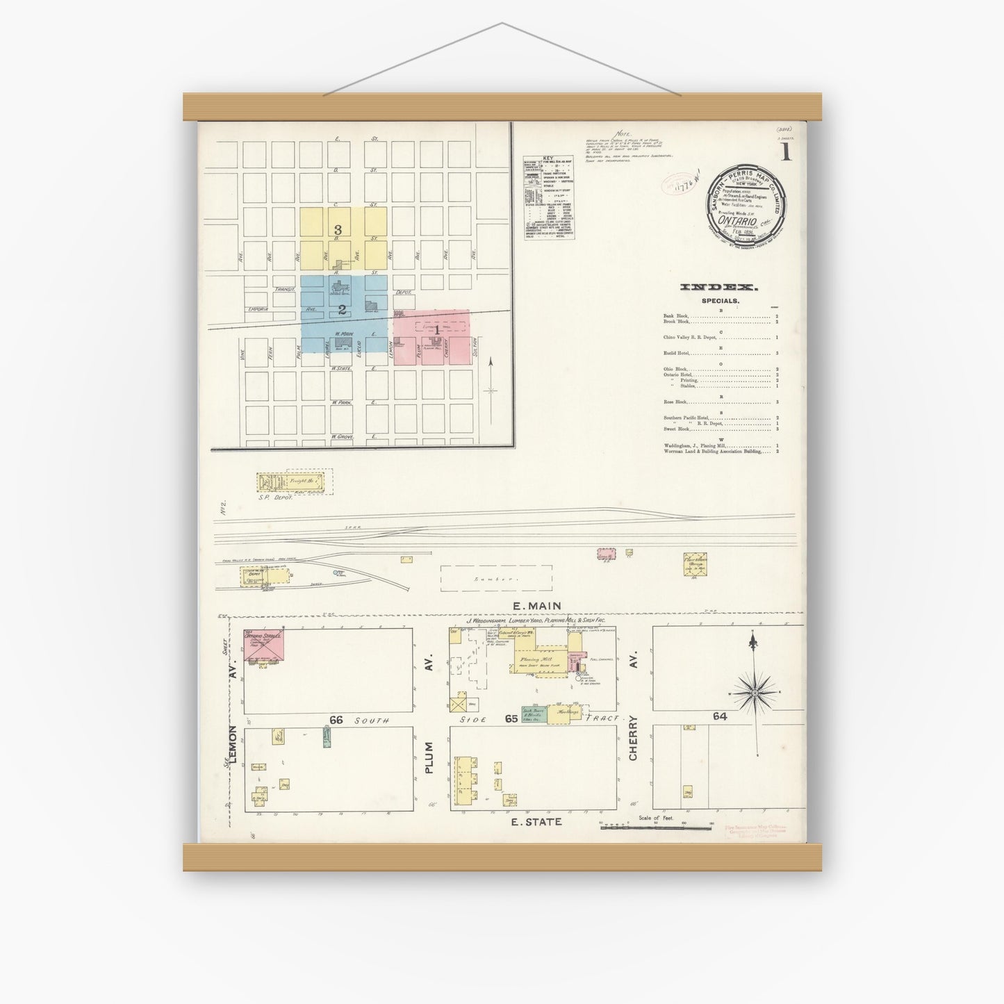 Old map wall art mockup — magnetic wood frame on white wall — Sanborn Fire Insurance Map from Ontario, San Bernardino County, California (1891), Sheet #0001