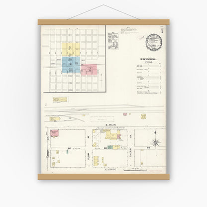 Old map wall art mockup — magnetic wood frame on white wall — Sanborn Fire Insurance Map from Ontario, San Bernardino County, California (1891), Sheet #0001