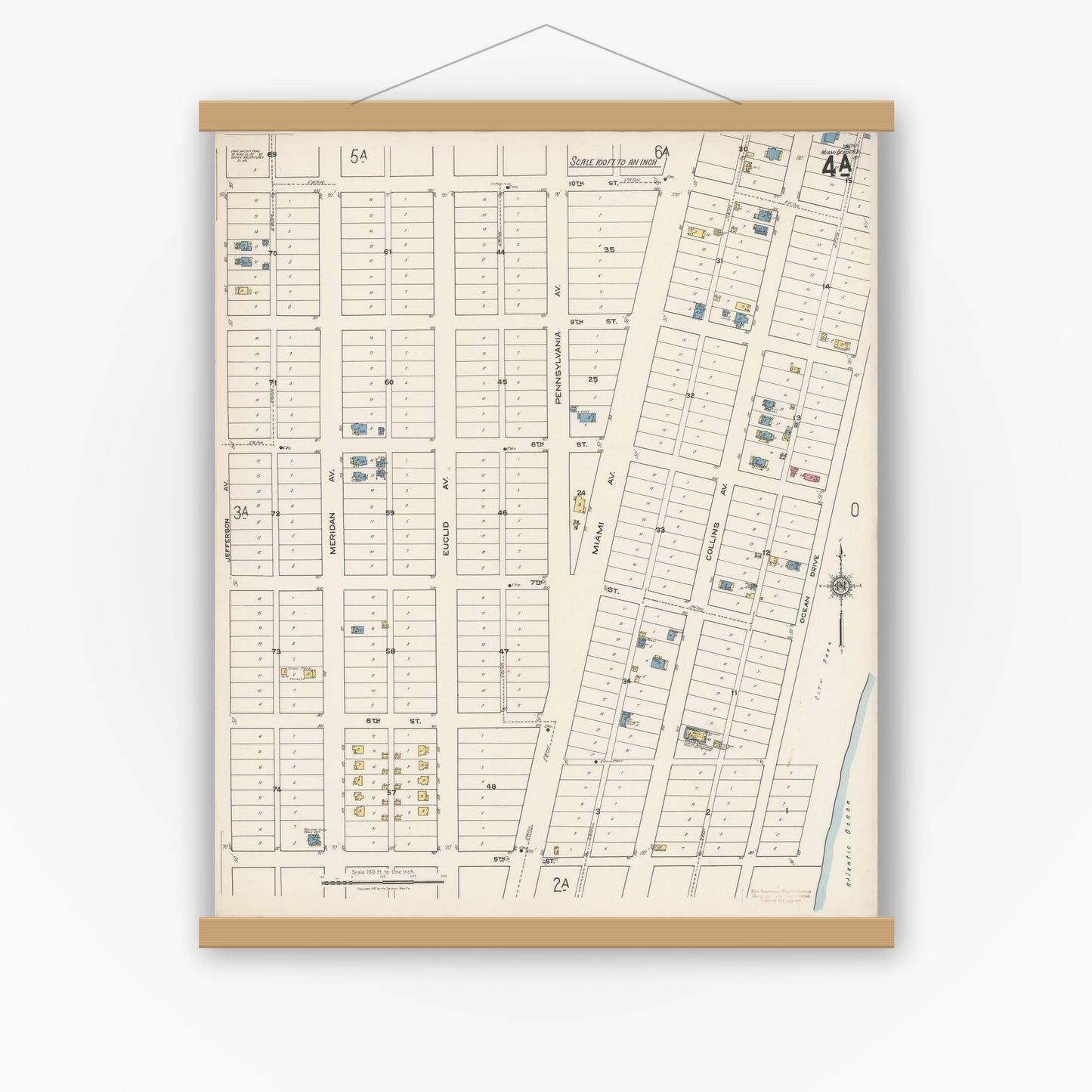 Old map wall art mockup — magnetic wood frame on white wall — Sanborn Fire Insurance Map from Miami Beach, Dade County, Florida (1921), Sheet #0004