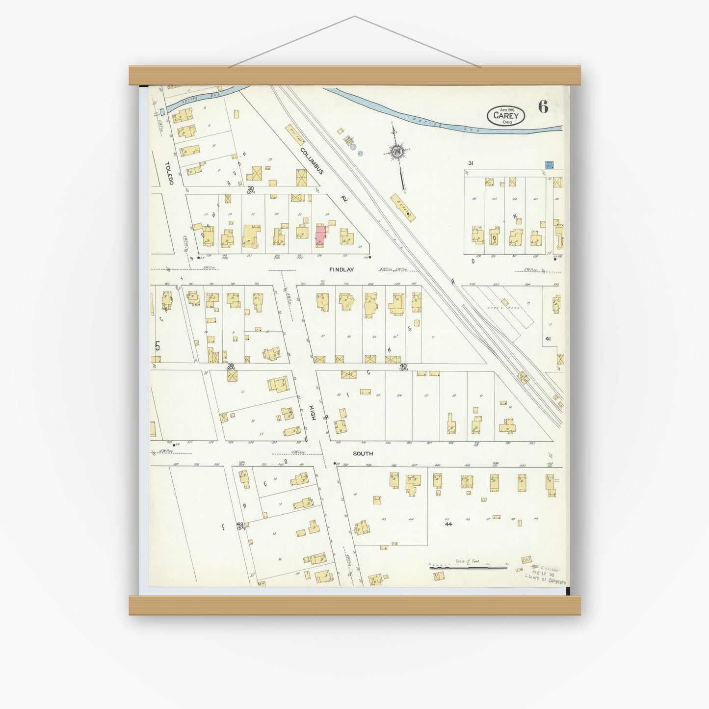 Old map wall art mockup — magnetic wood frame on white wall — Sanborn Fire Insurance Map from Carey, Wyandot County, Ohio (1916), Sheet #0006