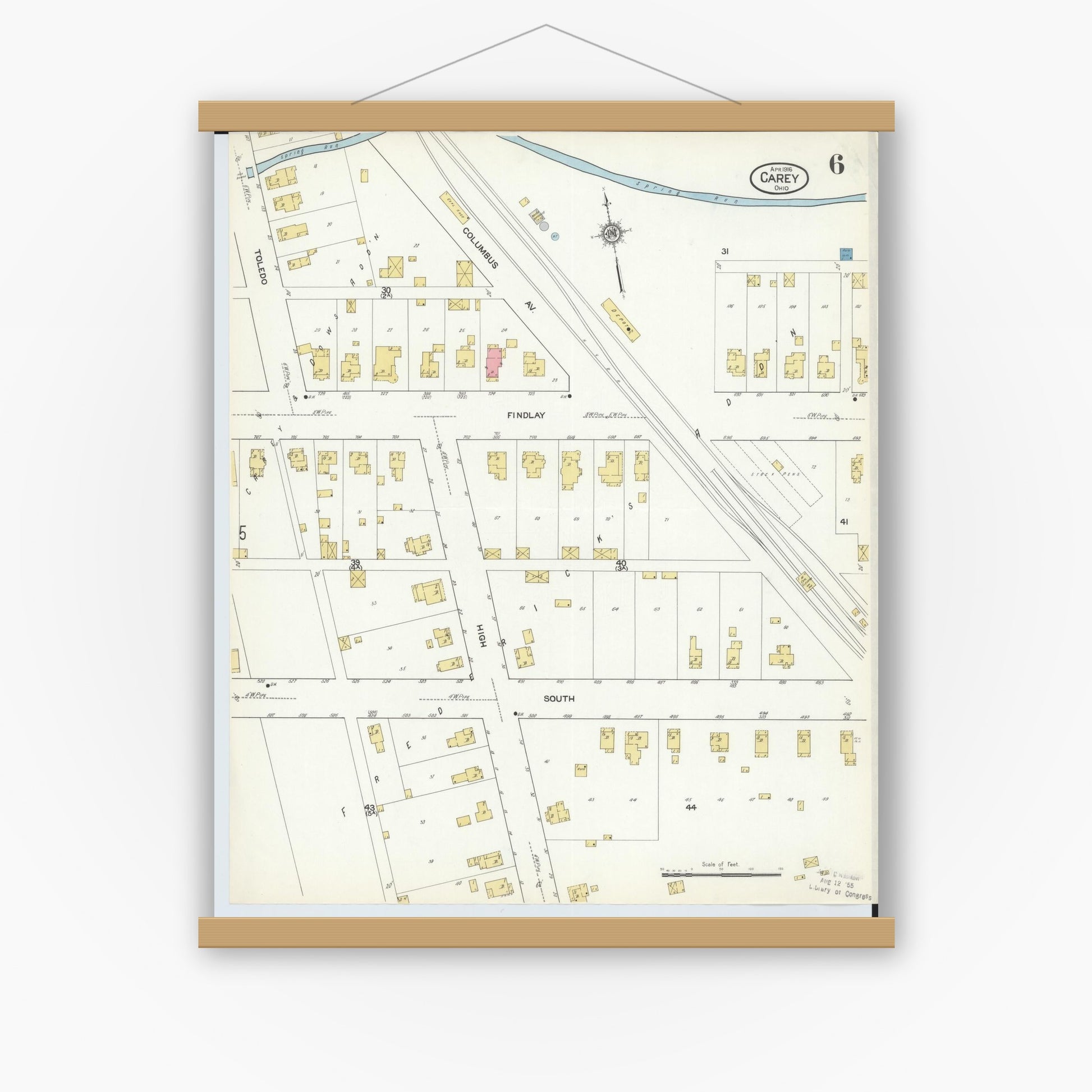 Old map wall art mockup — magnetic wood frame on white wall — Sanborn Fire Insurance Map from Carey, Wyandot County, Ohio (1916), Sheet #0006