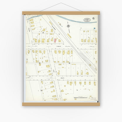 Old map wall art mockup — magnetic wood frame on white wall — Sanborn Fire Insurance Map from Carey, Wyandot County, Ohio (1916), Sheet #0006