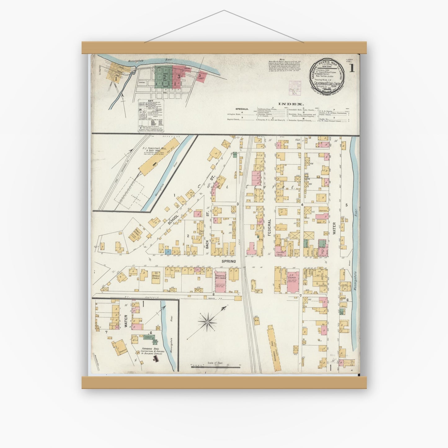 Old map wall art mockup — magnetic wood frame on white wall — Sanborn Fire Insurance Map from California, Washington County, Pennsylvania (1901) - Complete Map Set