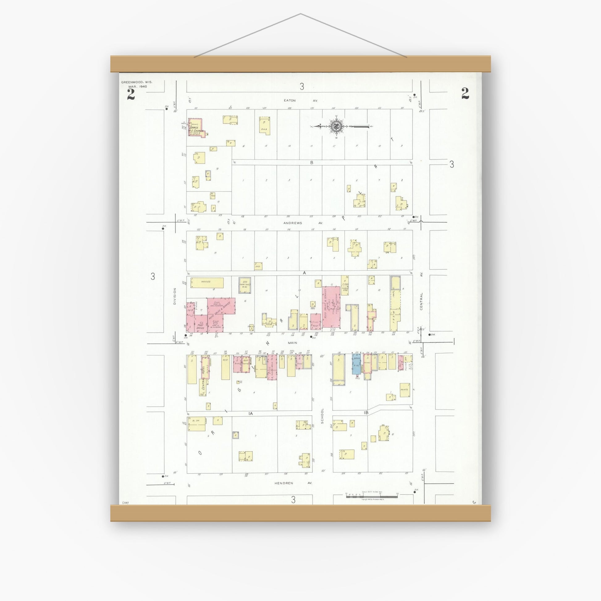 Old map wall art mockup — magnetic wood frame on white wall — Sanborn Fire Insurance Map from Greenwood, Clark County, Wisconsin (1940), Sheet #0002