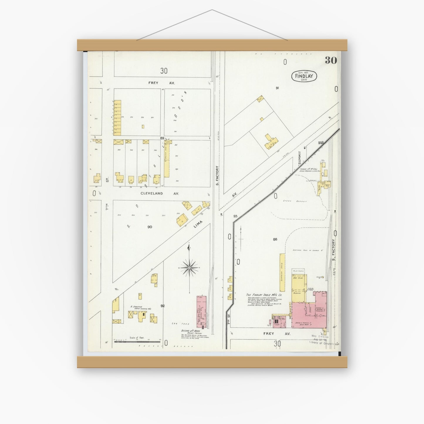 Old map wall art mockup — magnetic wood frame on white wall — Sanborn Fire Insurance Map from Findlay, Hancock County, Ohio (1901), Sheet #0030