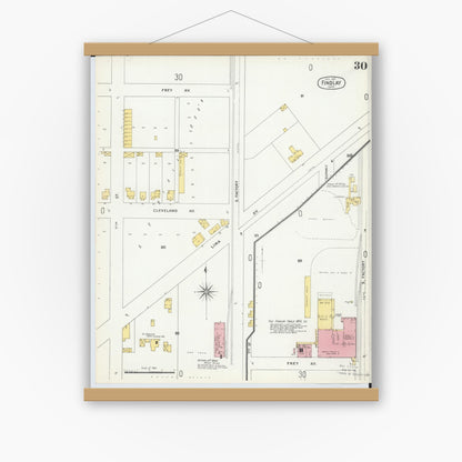 Old map wall art mockup — magnetic wood frame on white wall — Sanborn Fire Insurance Map from Findlay, Hancock County, Ohio (1901), Sheet #0030
