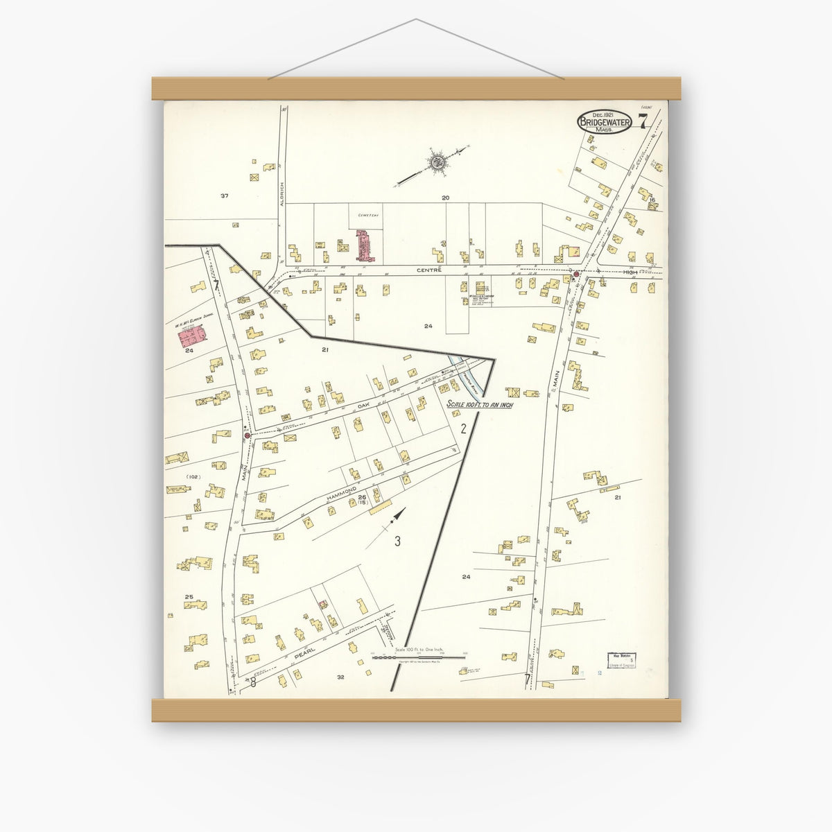 Old map wall art mockup — magnetic wood frame on white wall — Sanborn Fire Insurance Map from Bridgewater, Plymouth County, Massachusetts (1921), Sheet #0007