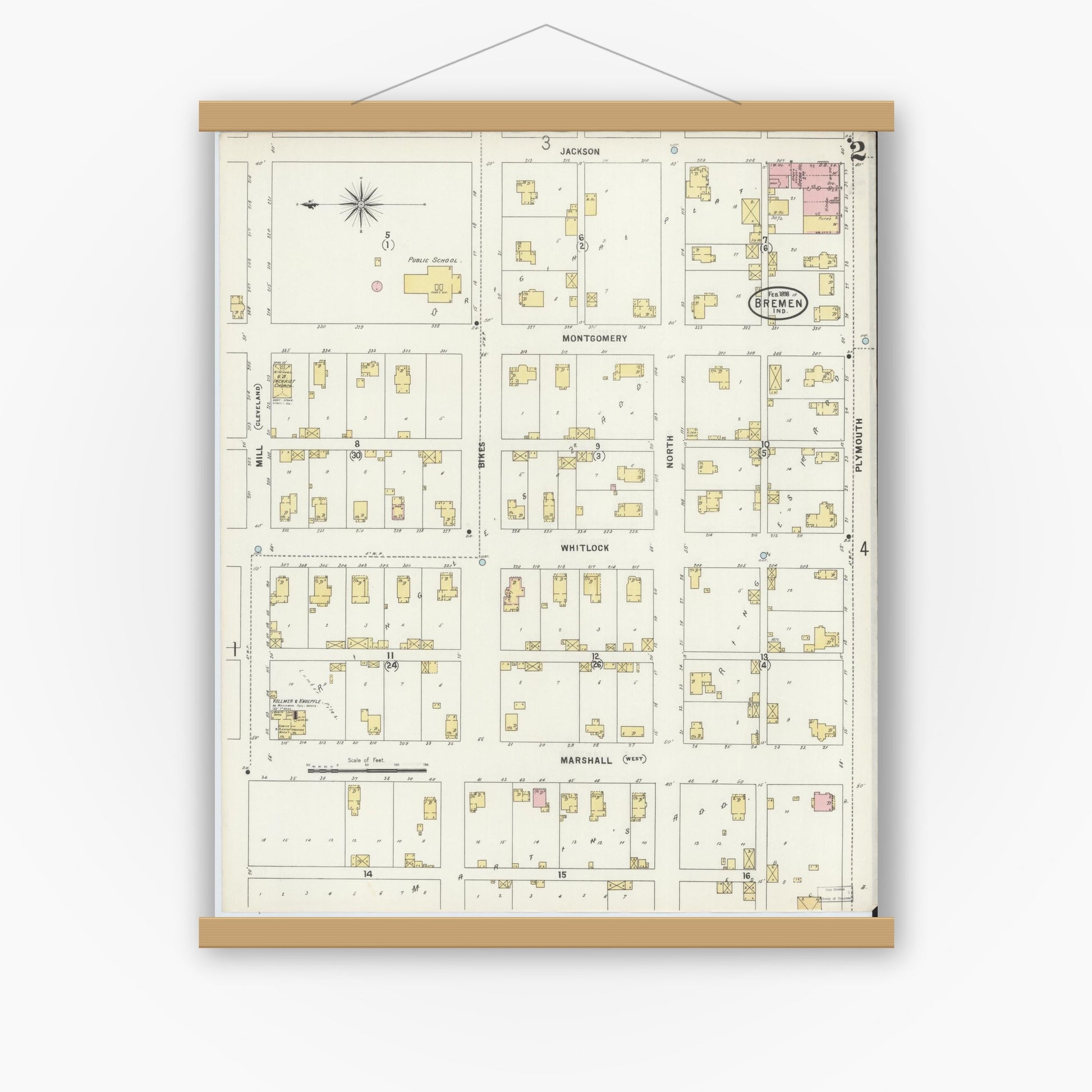 Old map wall art mockup — magnetic wood frame on white wall — Sanborn Fire Insurance Map from Bremen, Marshall County, Indiana (1898), Sheet #0002