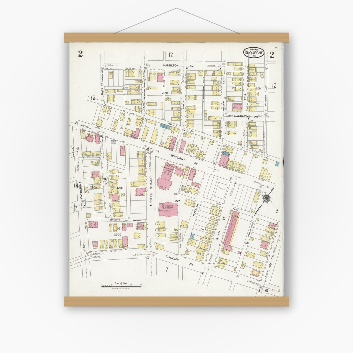 Old map wall art mockup — magnetic wood frame on white wall — Sanborn Fire Insurance Map from Duquesne, Allegheny County, Pennsylvania (1925), Sheet #0002
