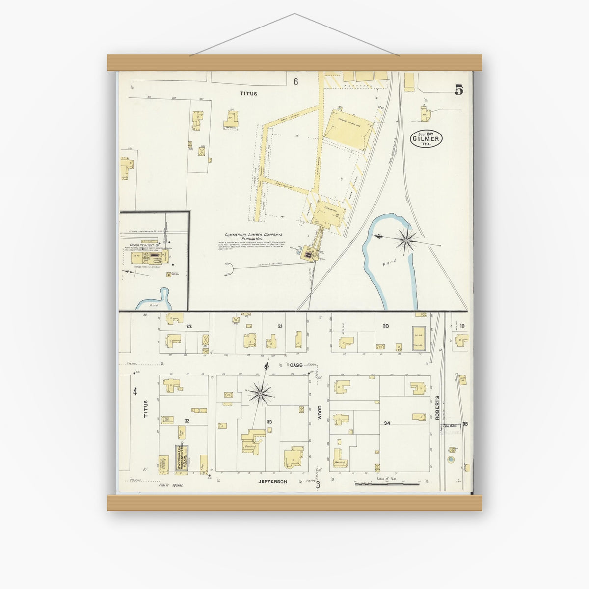 Old map wall art mockup — magnetic wood frame on white wall — Sanborn Fire Insurance Map from Gilmer, Upshur County, Texas (1907), Sheet #0005