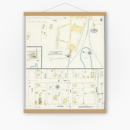Old map wall art mockup — magnetic wood frame on white wall — Sanborn Fire Insurance Map from Gilmer, Upshur County, Texas (1907), Sheet #0005