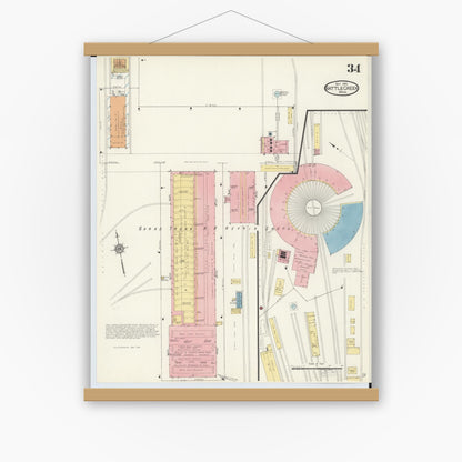 Old map wall art mockup — magnetic wood frame on white wall — Sanborn Fire Insurance Map from Battle Creek, Calhoun County, Michigan (1913), Sheet #0034