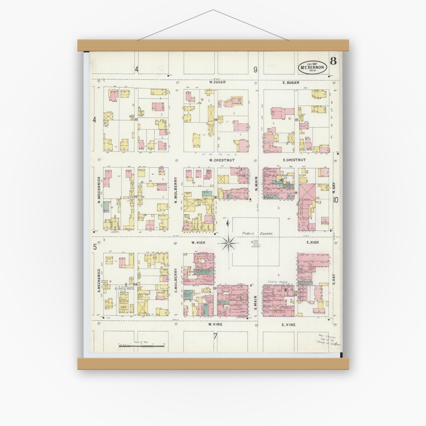Old map wall art mockup — magnetic wood frame on white wall — Sanborn Fire Insurance Map from Mount Vernon, Knox County, Ohio (1897), Sheet #0008
