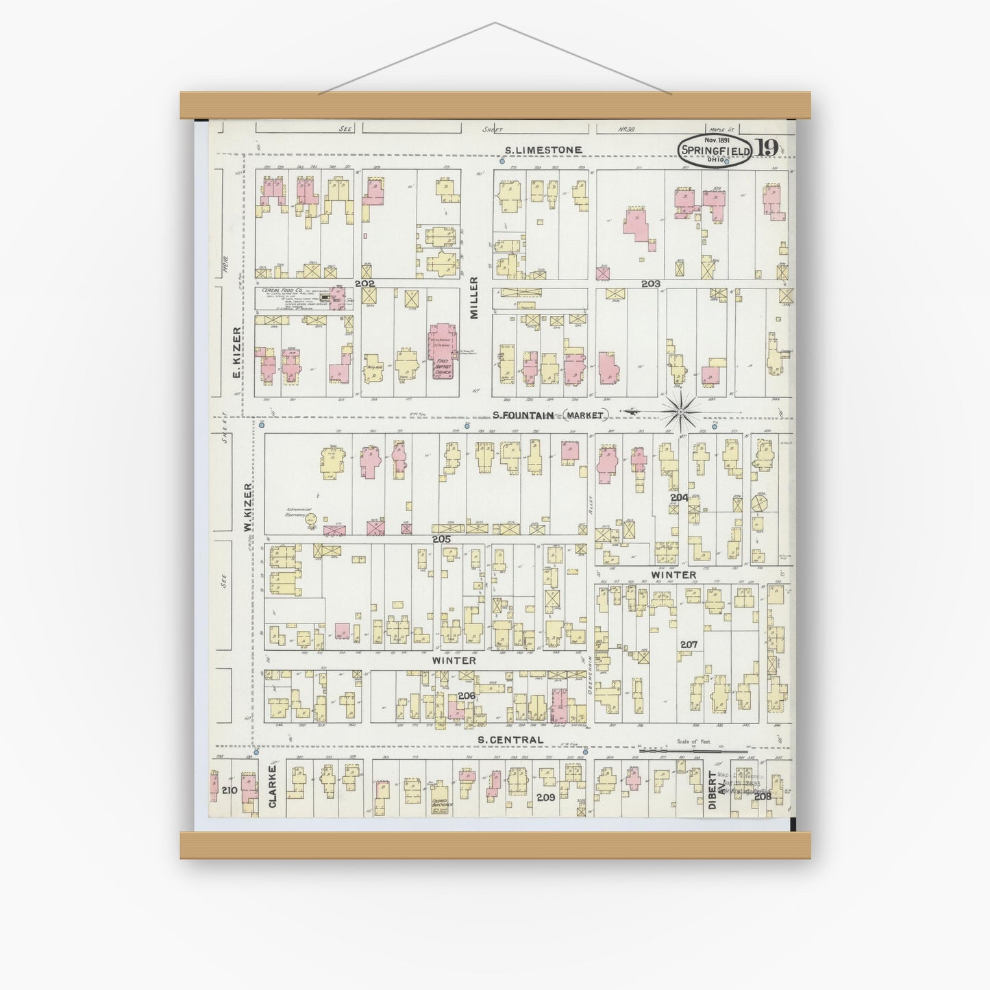 Old map wall art mockup — magnetic wood frame on white wall — Sanborn Fire Insurance Map from Springfield, Clark County, Ohio (1891), Sheet #0019