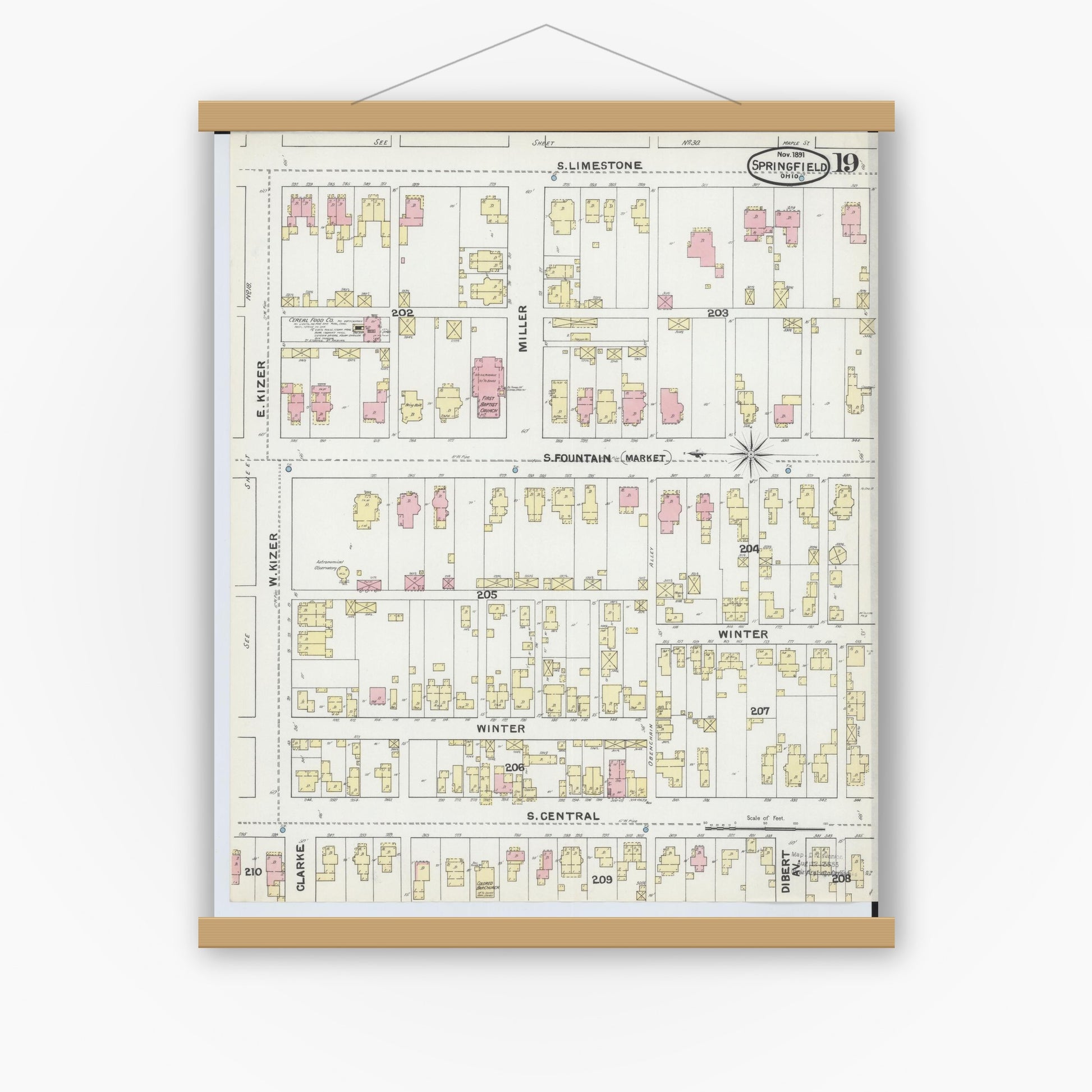 Old map wall art mockup — magnetic wood frame on white wall — Sanborn Fire Insurance Map from Springfield, Clark County, Ohio (1891), Sheet #0019