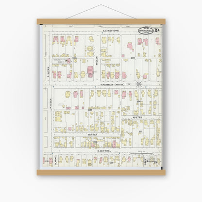 Old map wall art mockup — magnetic wood frame on white wall — Sanborn Fire Insurance Map from Springfield, Clark County, Ohio (1891), Sheet #0019
