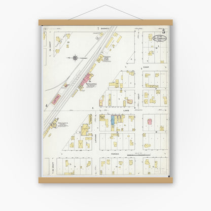 Old map wall art mockup — magnetic wood frame on white wall — Sanborn Fire Insurance Map from Saint Charles, Winona County, Minnesota (1915), Sheet #0005