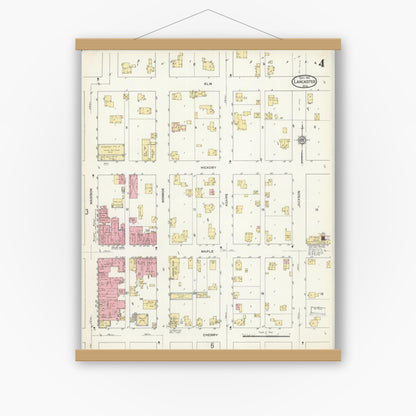 Old map wall art mockup — magnetic wood frame on white wall — Sanborn Fire Insurance Map from Lancaster, Grant County, Wisconsin (1912), Sheet #0004