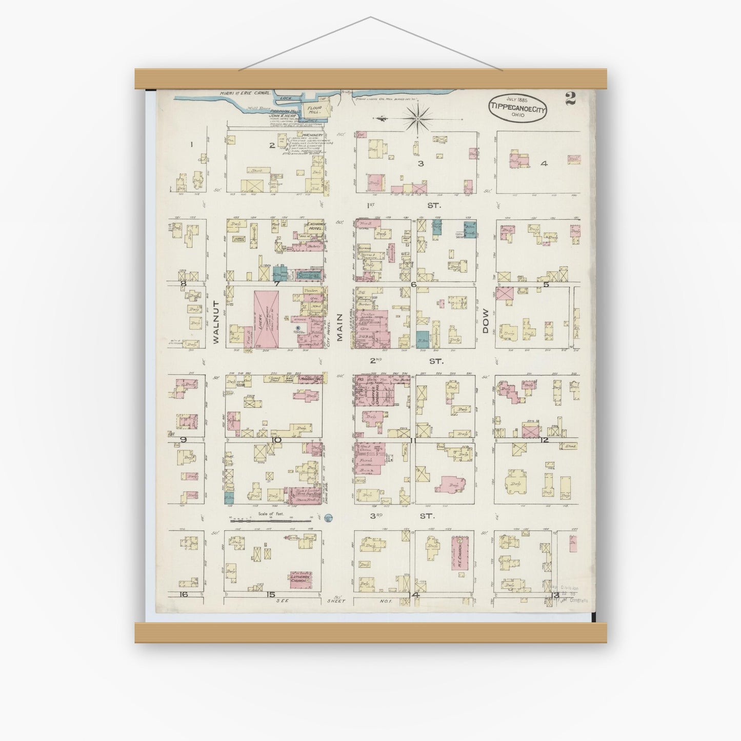 Old map wall art mockup — magnetic wood frame on white wall — Sanborn Fire Insurance Map from Tipp City, Miami County, Ohio (1885), Sheet #0002